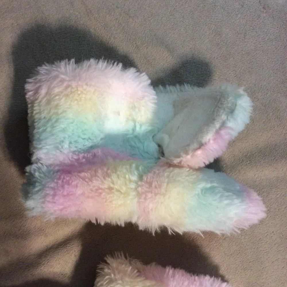 rainbow colored fuzzy slippers